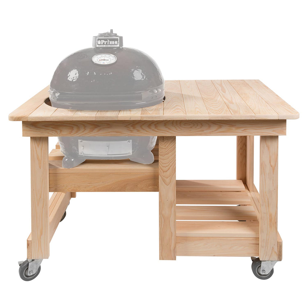 Wood cypress countertop table with open shelf and four caster wheels