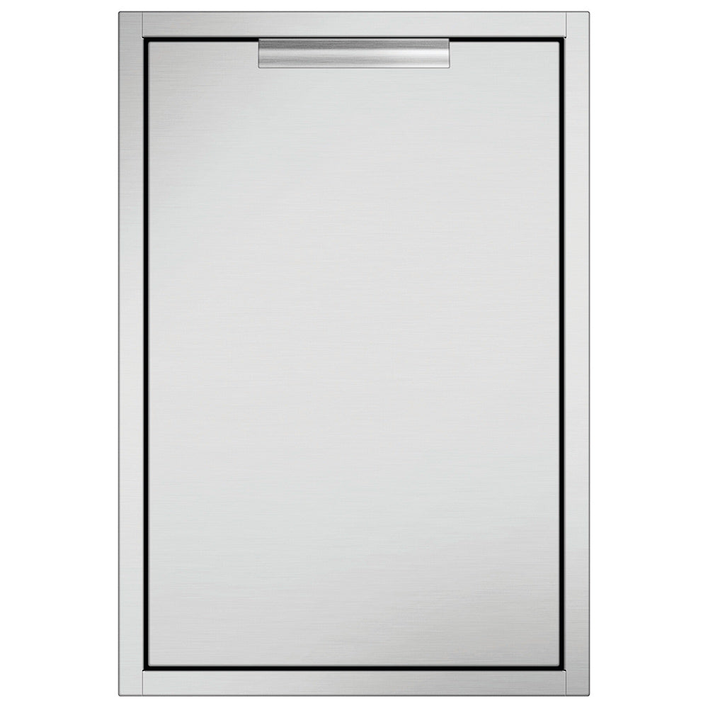 Metallic silver trash bin drawer front panel with top handle, rectangular shape
