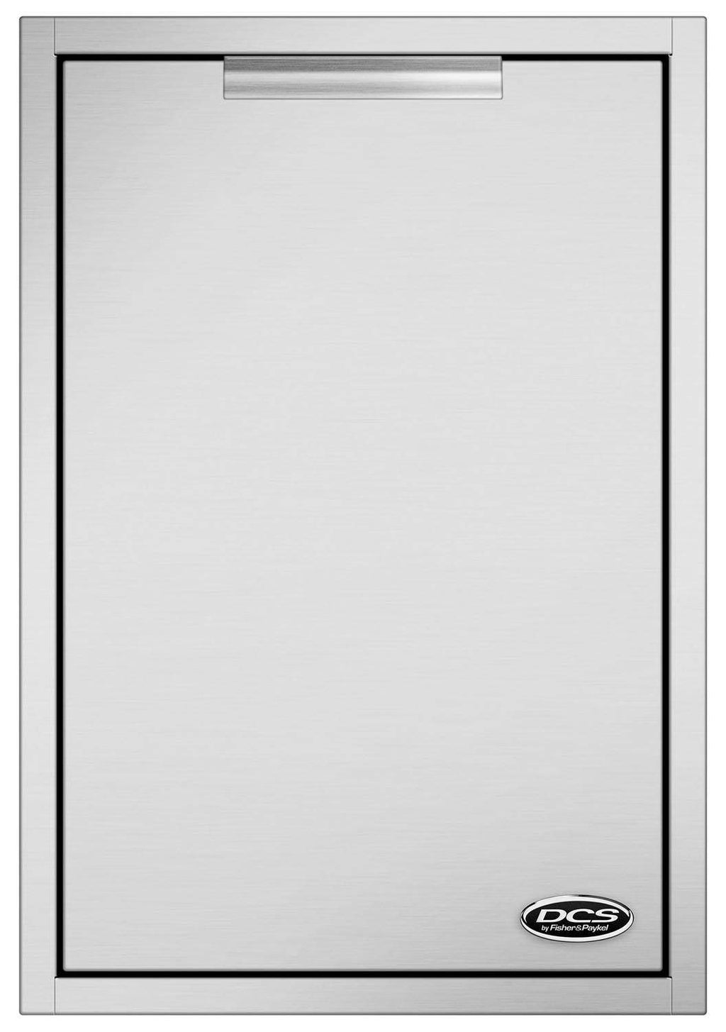 DCS trash bin drawer front panel in metallic silver with logo at lower right