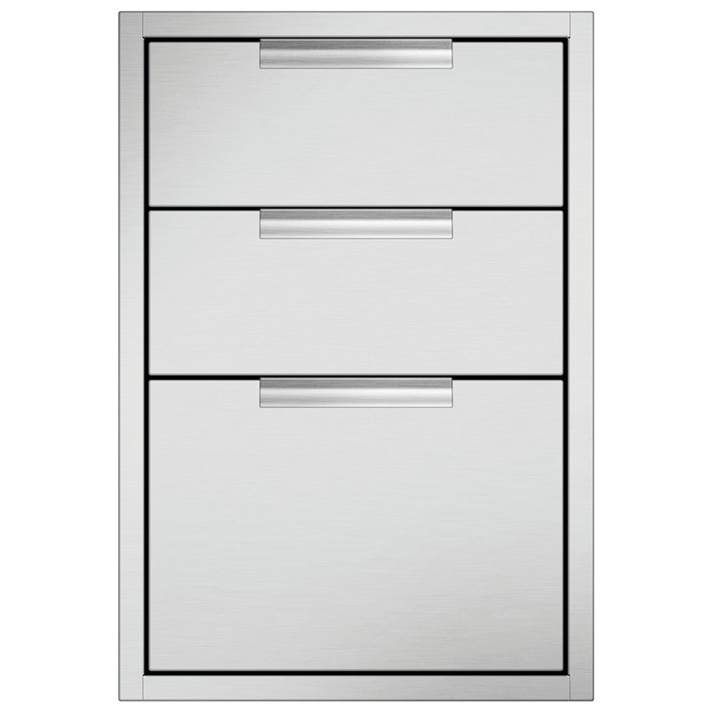 Triple drawer cabinet with three stacked rectangular drawers and brushed metal handles