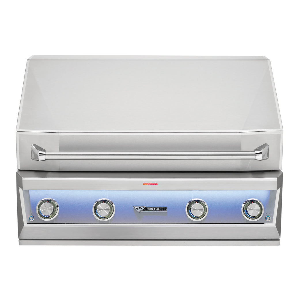 Built-in gas grill with lid, stainless front panel, and four control knobs