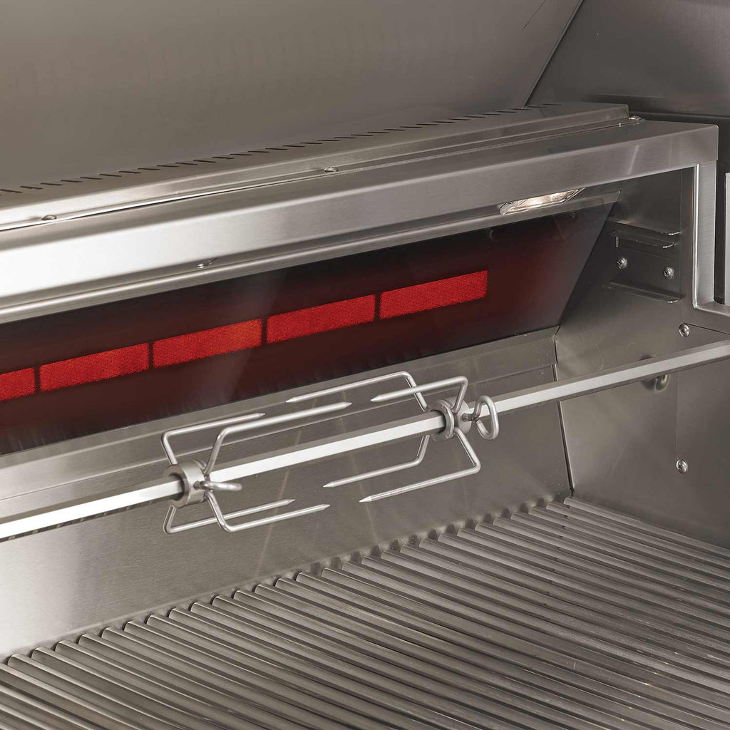 Gas grill firebox with glowing red infrared sear bars and cooking racks