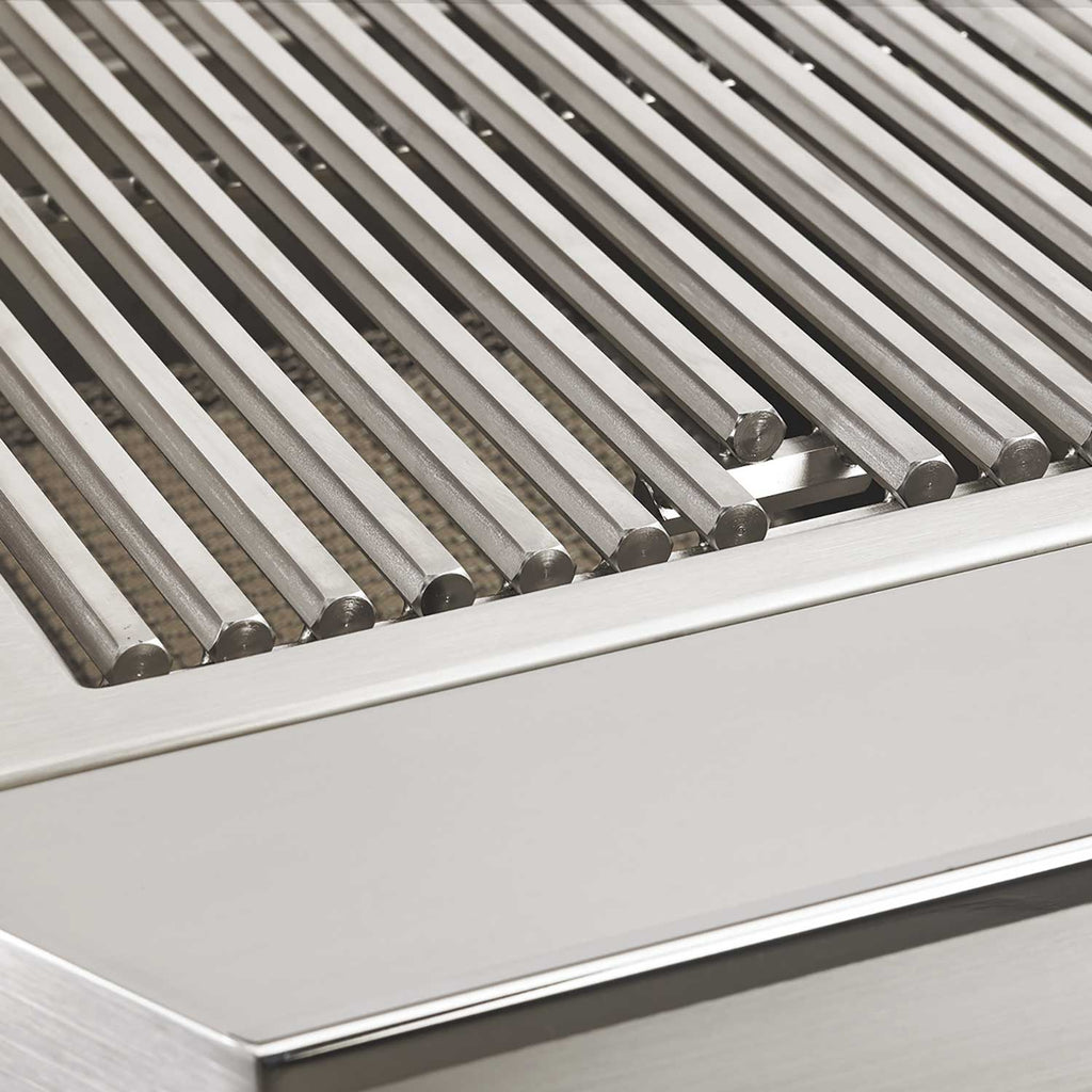 Gas grill burner grates with parallel stainless bars inside the firebox