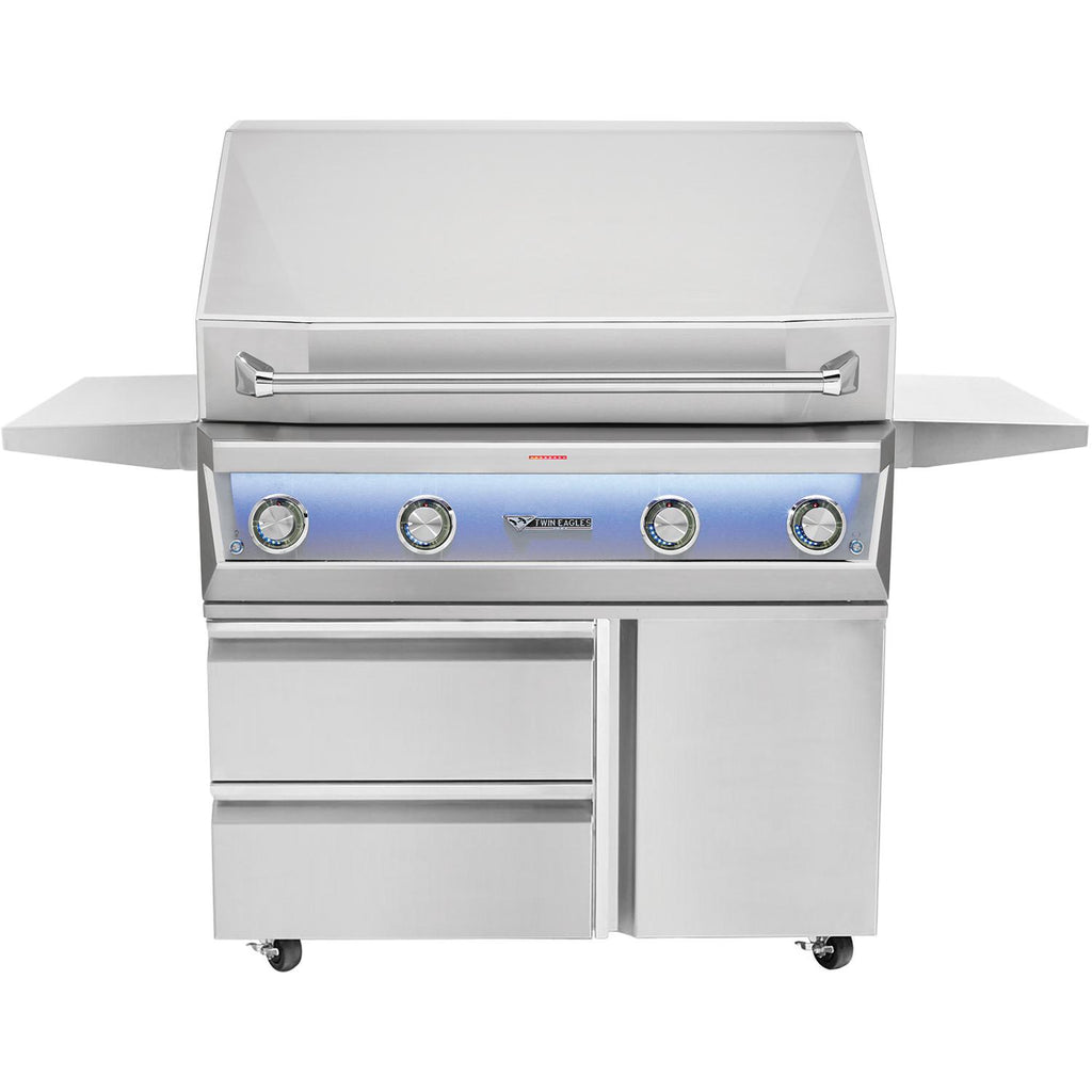 Freestanding stainless steel gas grill with control knobs and side shelves