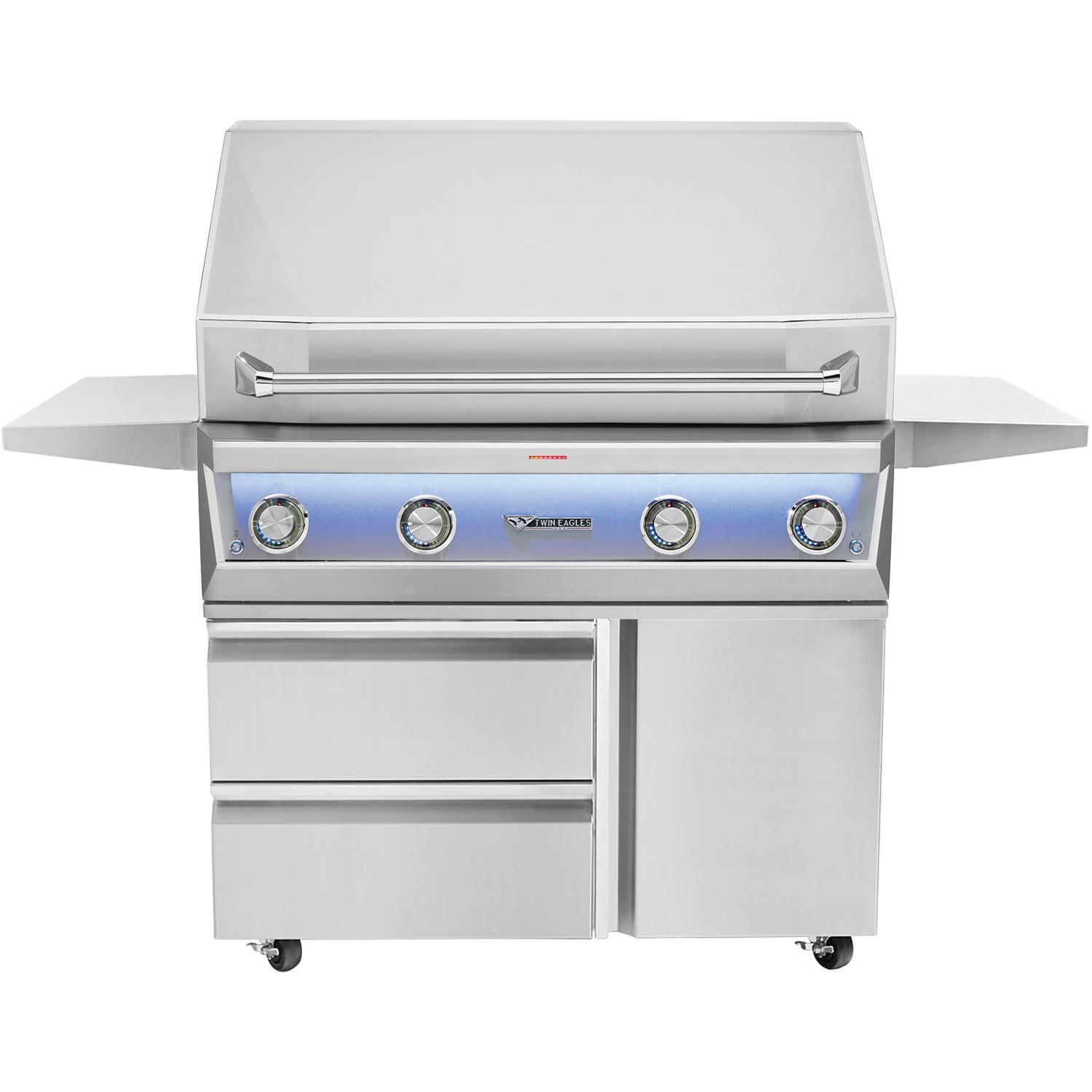 Freestanding stainless steel gas grill with control knobs and side shelves