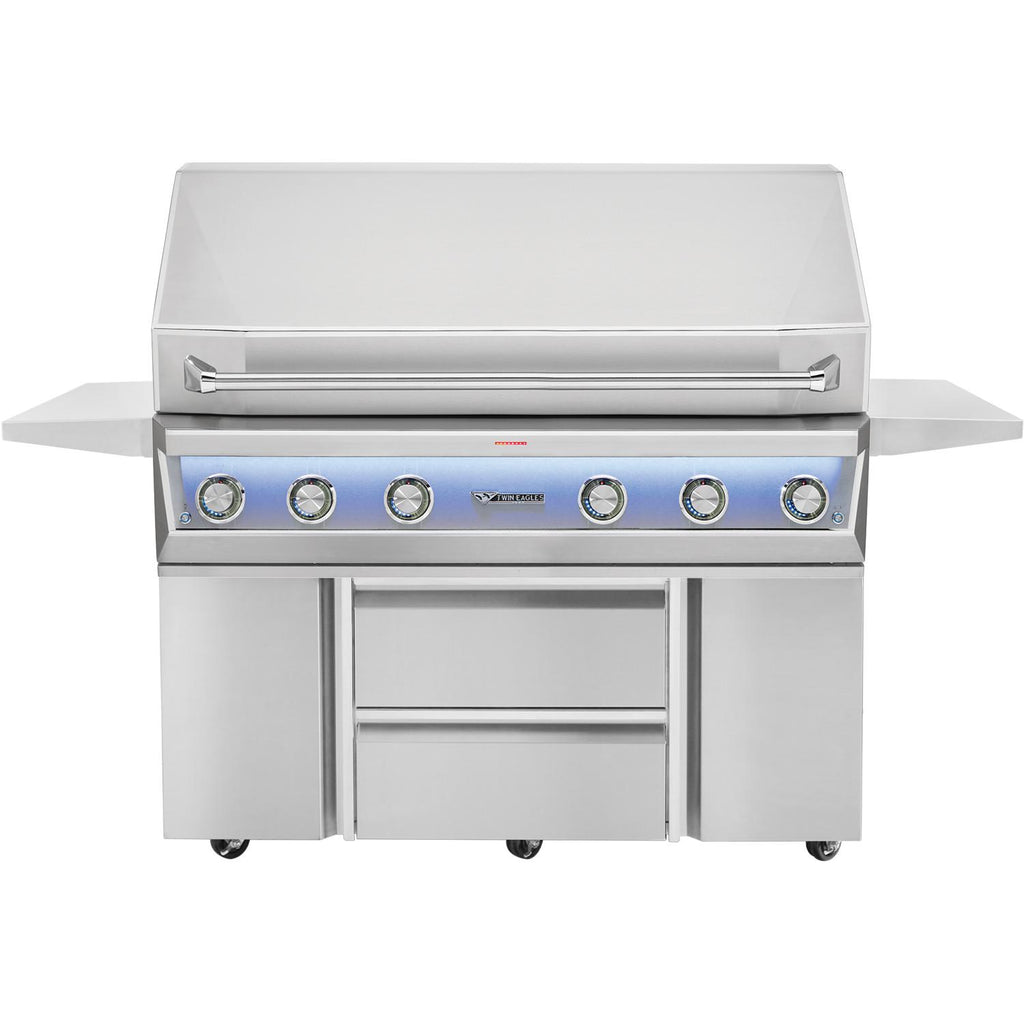 Freestanding stainless gas grill with closed lid and front control knobs