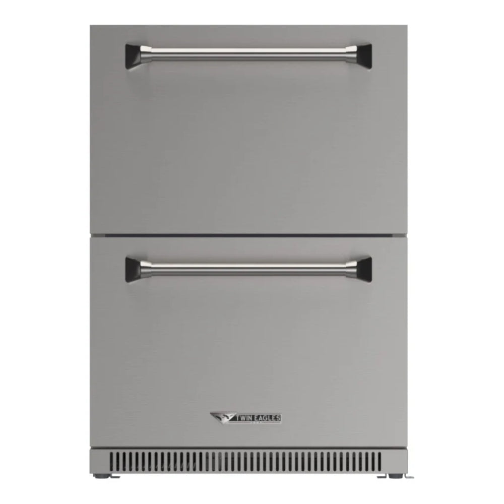 Stainless steel double drawer refrigerator with top and bottom chrome pull handles