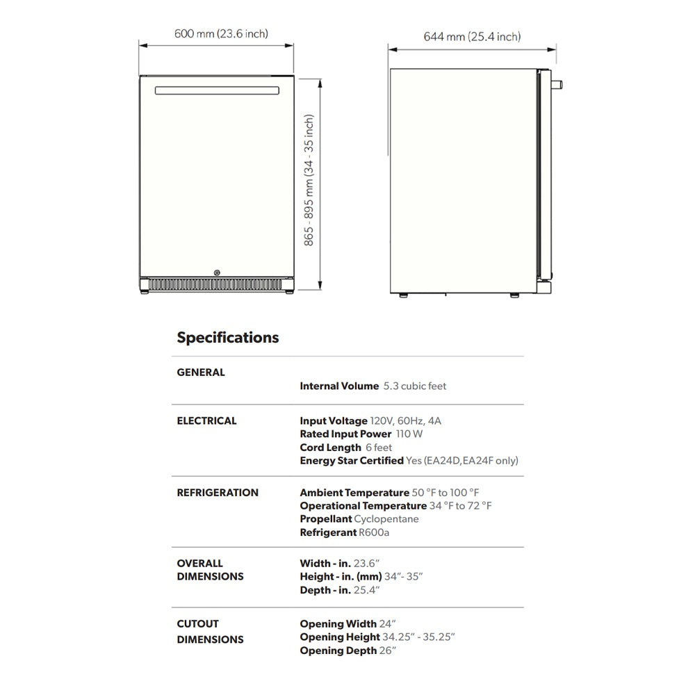 Outdoor refrigerator dimensions diagram with width, height, and depth measurements