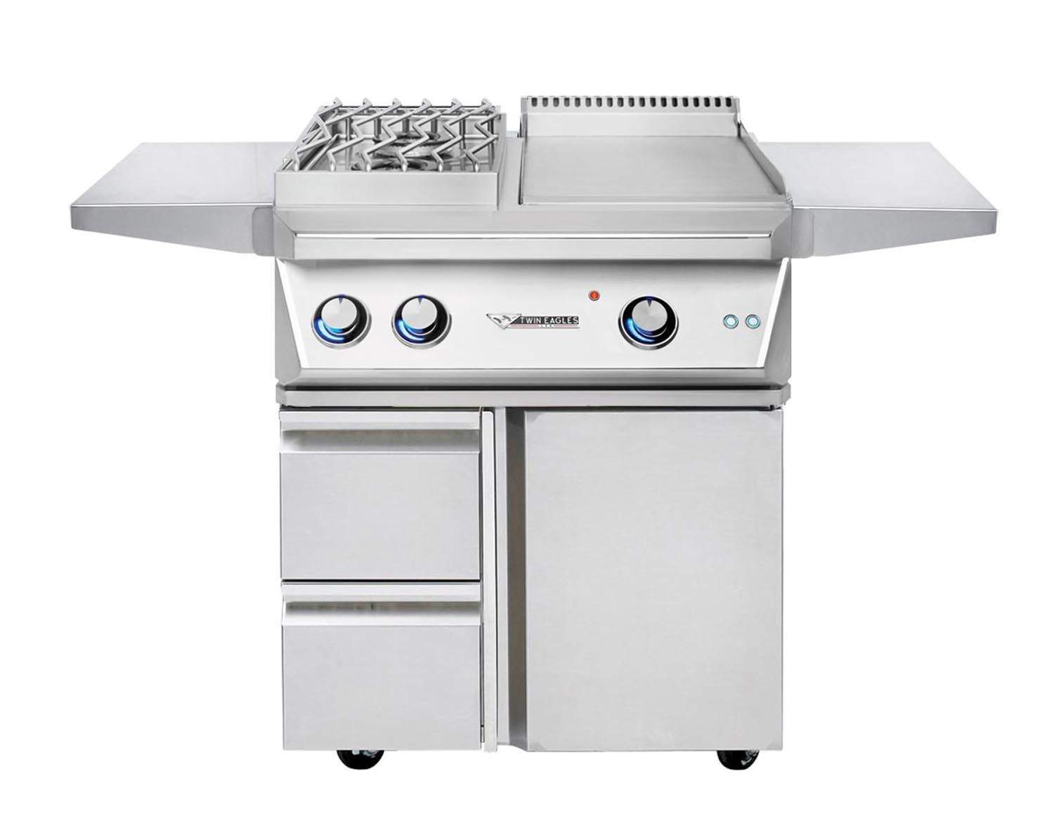 Stainless steel 30-inch outdoor grill on cart with drawers, cabinet door, and side shelves