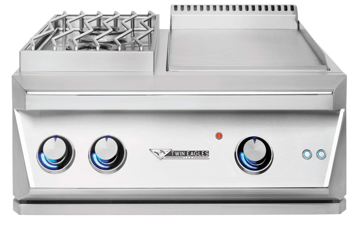 Stainless steel built-in grill with two control knobs and logo