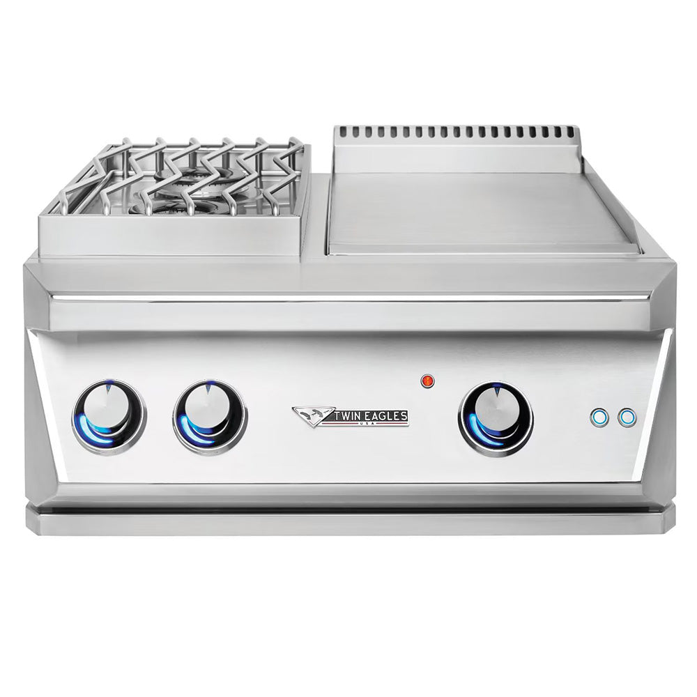 Stainless steel built-in grill with four burners and control knobs