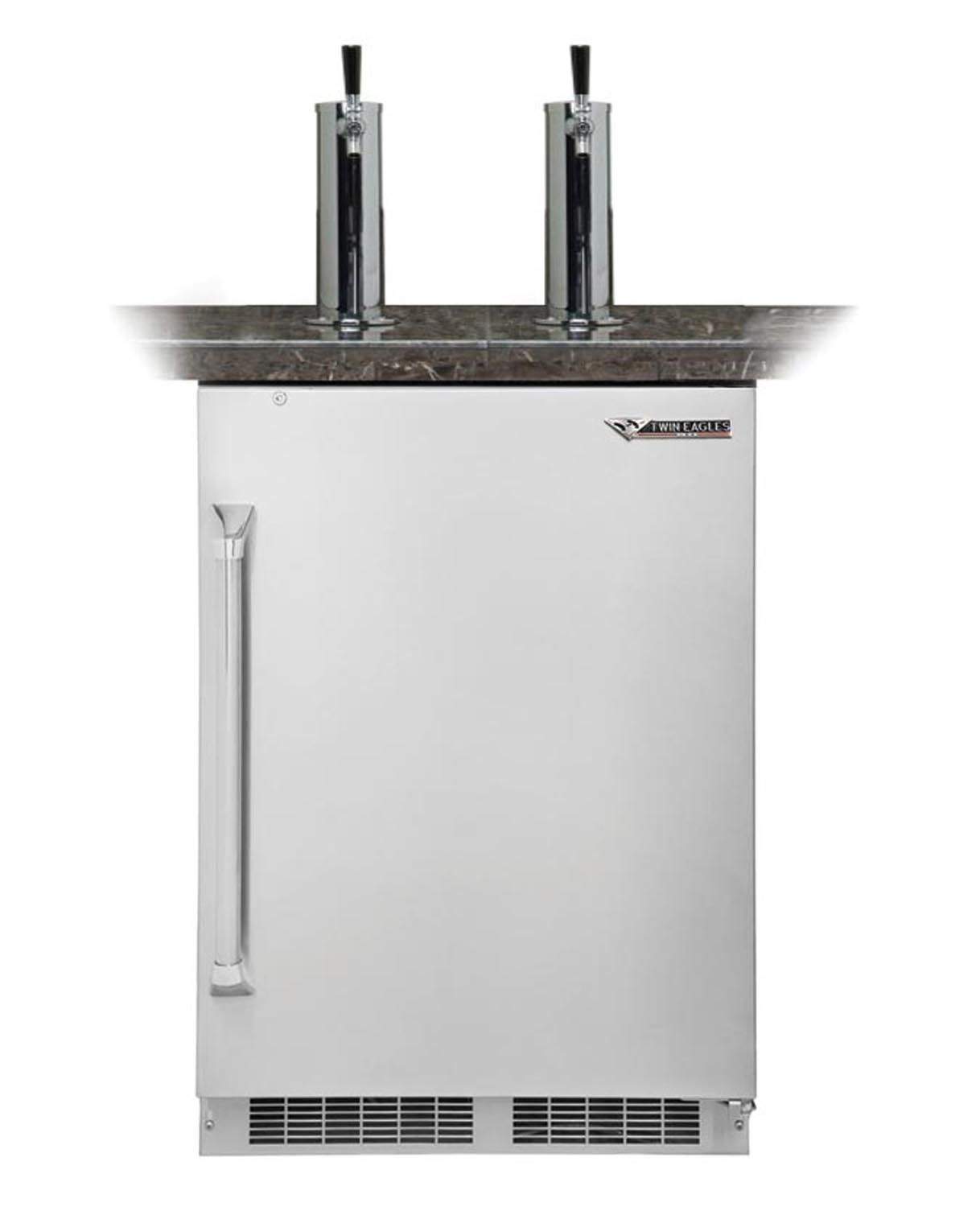 Built-in beer keg dispenser cabinet with two tap handles and stainless steel body