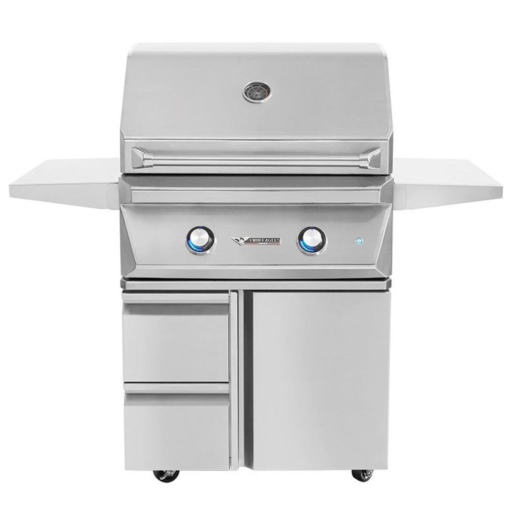 Stainless steel gas grill on cart with drawers and door, front view