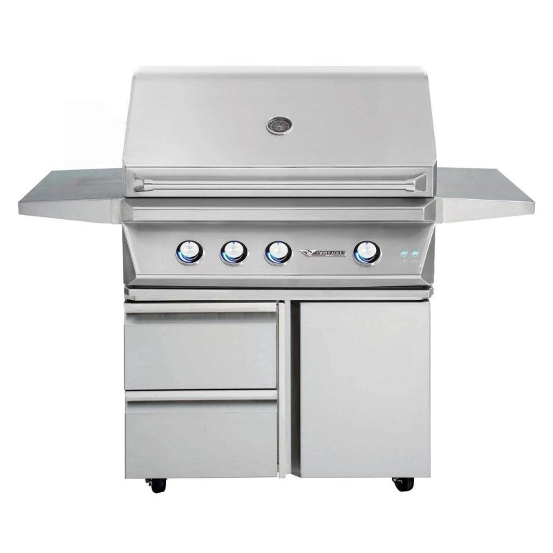 Stainless gas grill with drawers and door, front panel with control knobs