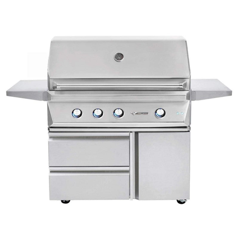Stainless steel gas grill on cart with side shelves, control knobs, and drawer doors