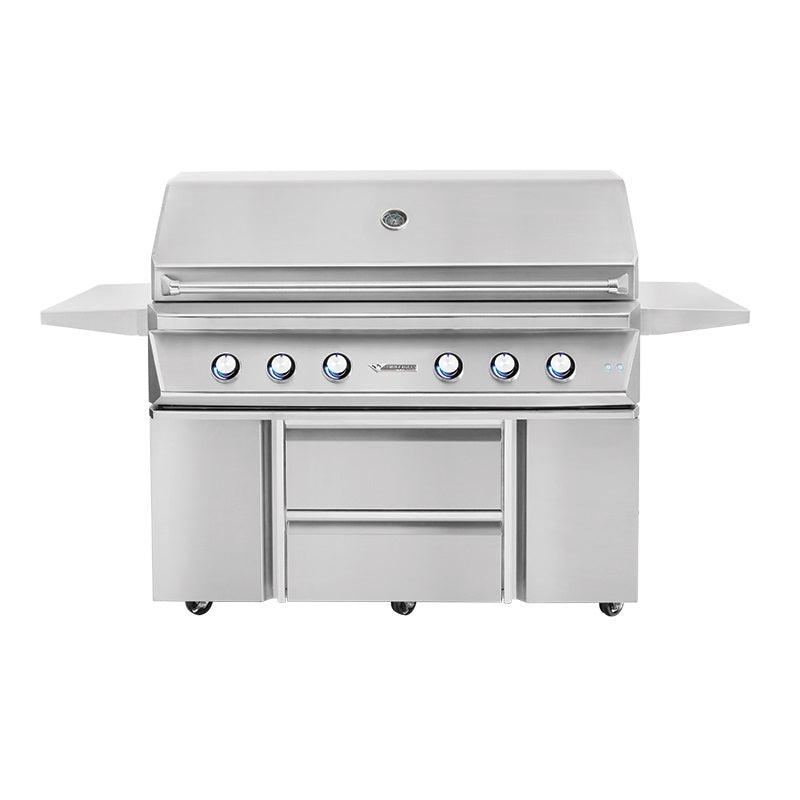 54-inch gas grill with stainless hood, front control knobs, and side shelves