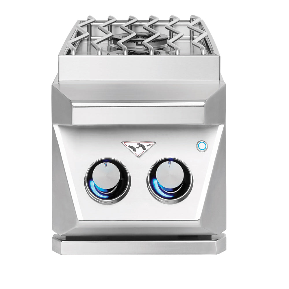 Built-in gas side burner with two stainless steel control knobs and cast burner grates