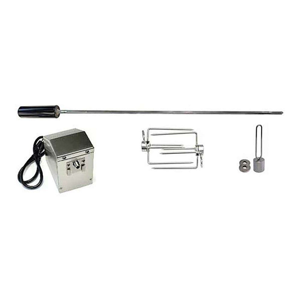 Rotisserie kit with motor box, long spit rod, fork set, and mounting hardware