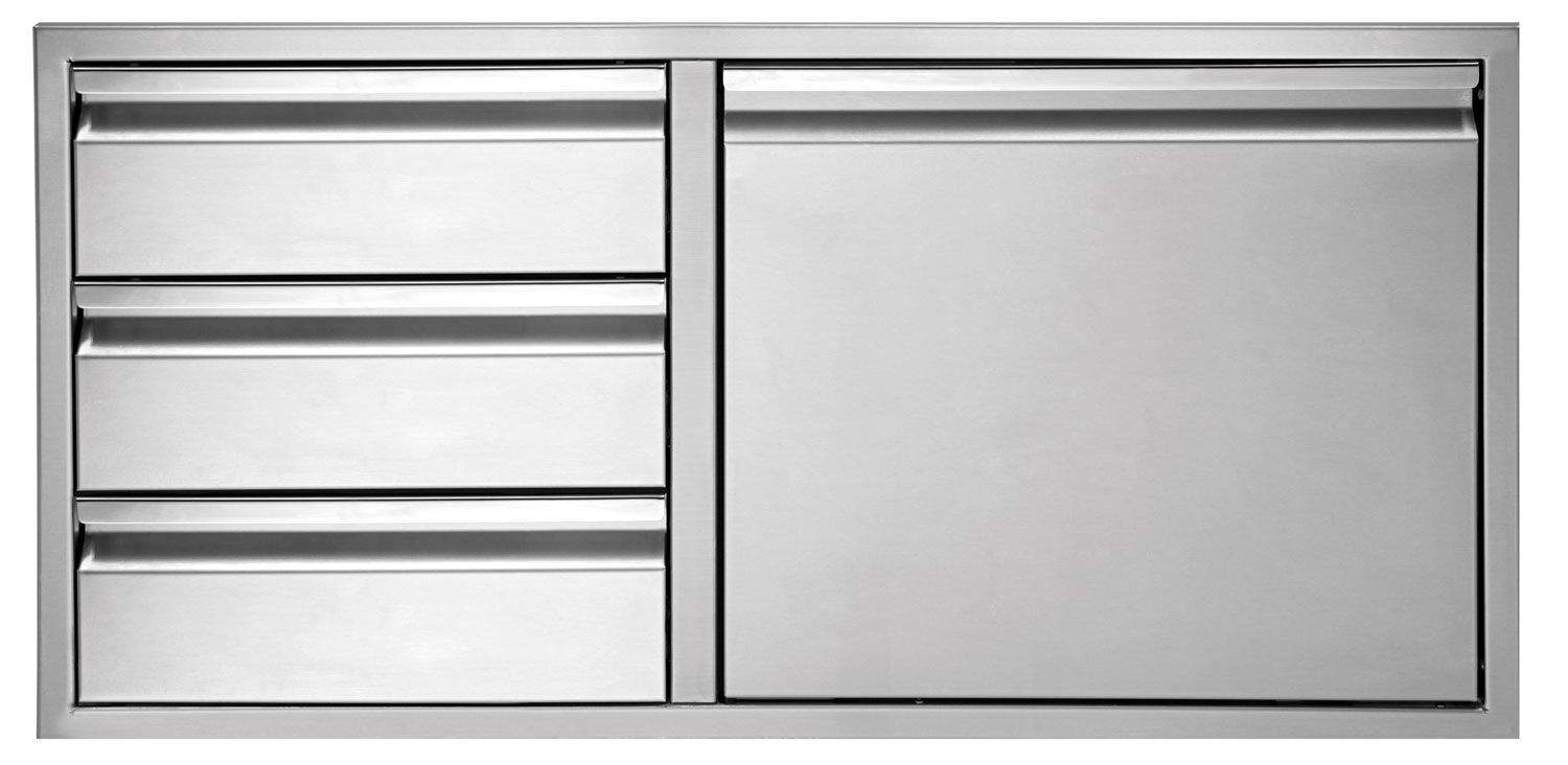Metal cabinet with three drawers and one wide door, double-door style