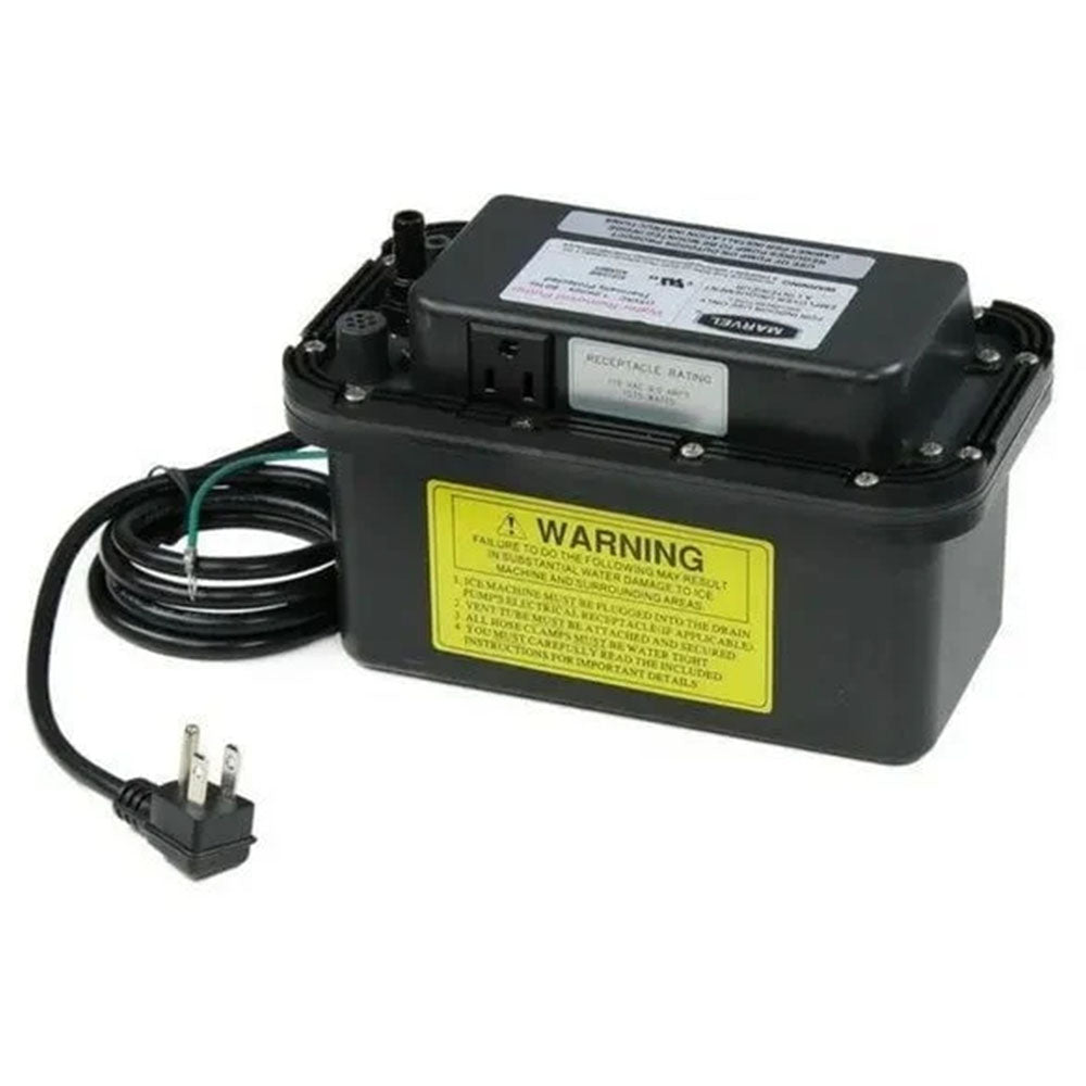 Ice maker drain pump kit with black pump housing, warning label, and power cord