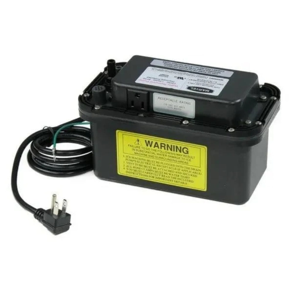 Black ice machine drain pump kit with electrical box, warning label, and power cord
