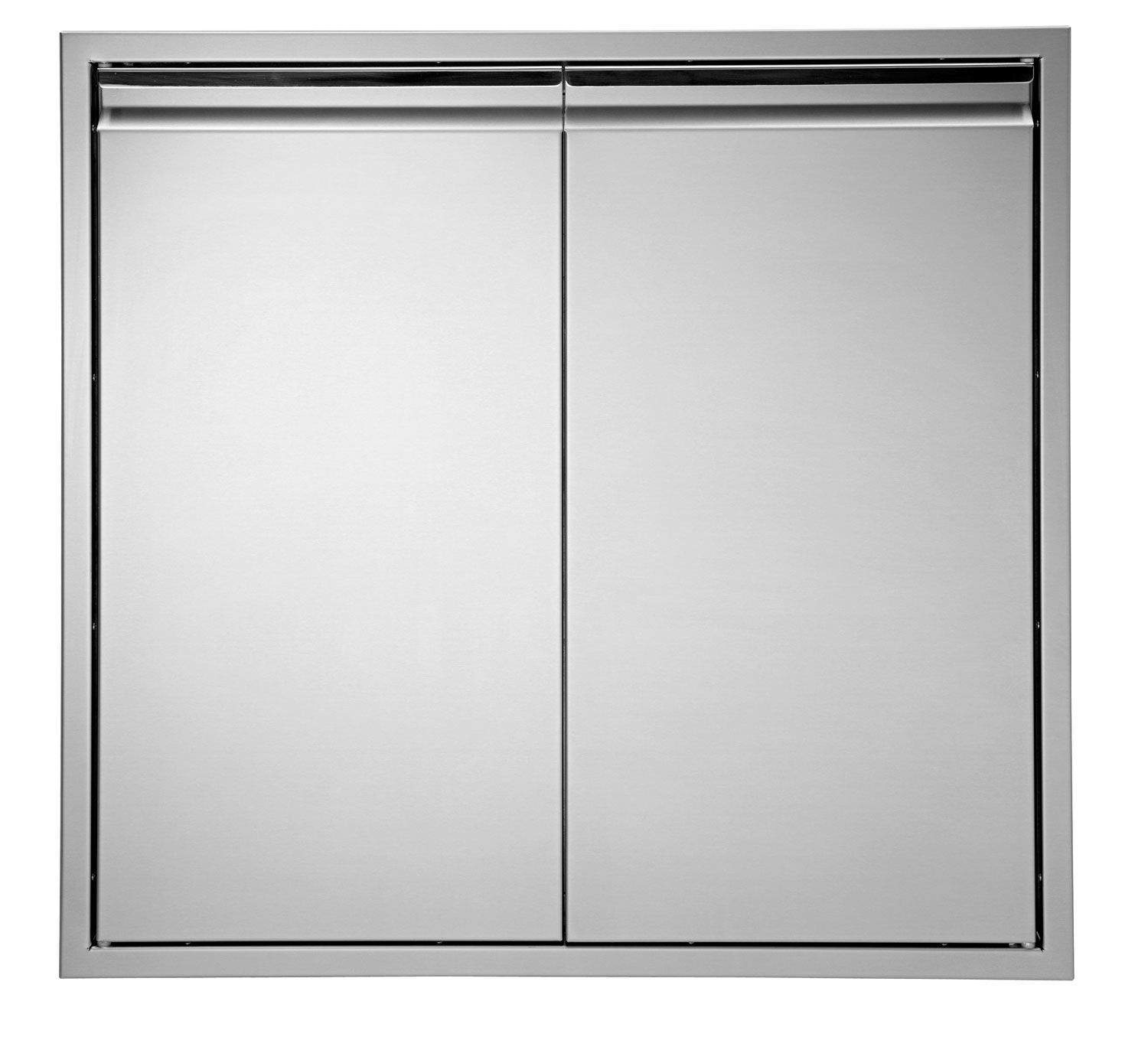 Double-door dry storage cabinet with flat panels and gray metal frame