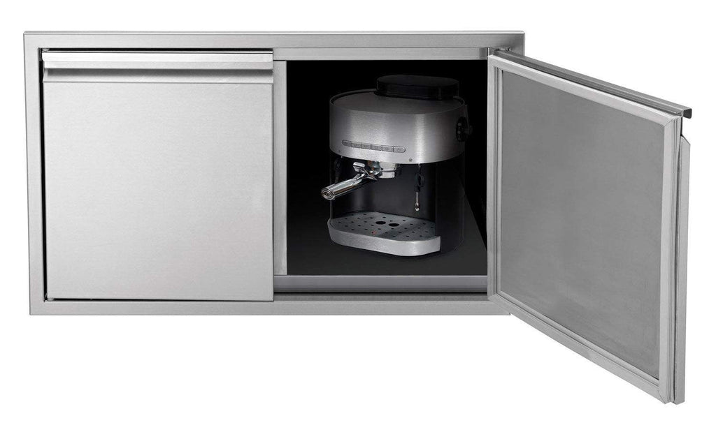 Dry storage cabinet open with one door swung, metal compartment with canister