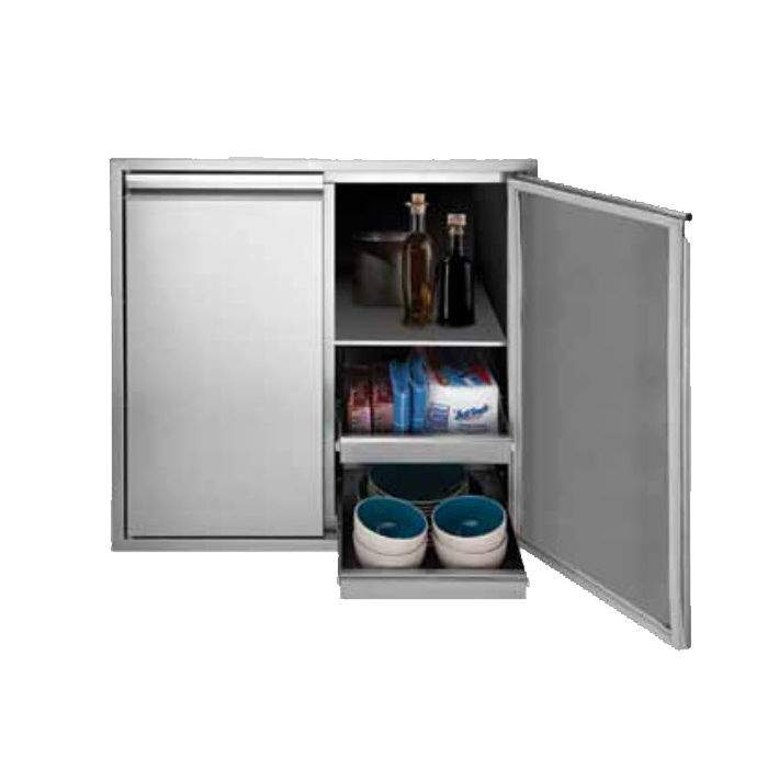 Open dry storage cabinet with two doors revealing shelves and bottles inside