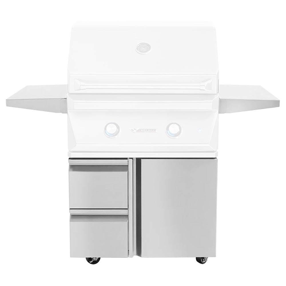 42-inch grill base with door and drawers, white and gray cabinet, side shelves, casters