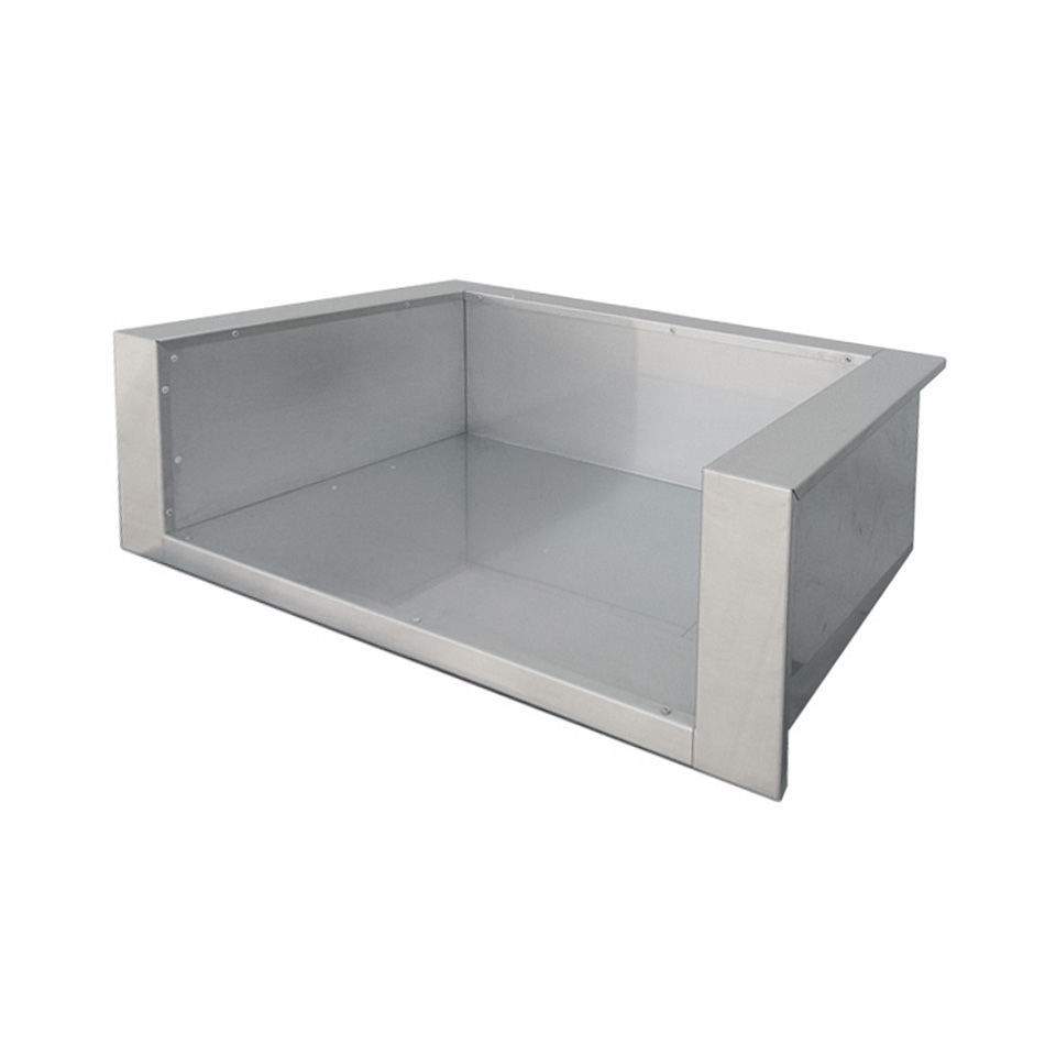 Rectangular insulating grill jacket with open top, gray metal frame and side panels