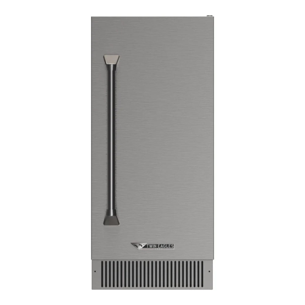 Stainless steel outdoor ice machine front panel with ice dispenser spout and badge