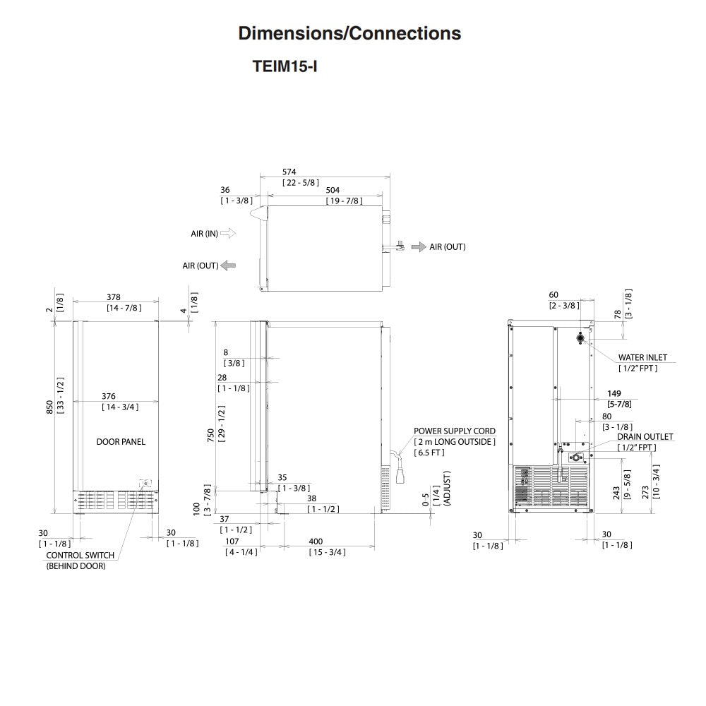 Outdoor ice machine dimensions diagram with connections, water inlet, and power cord