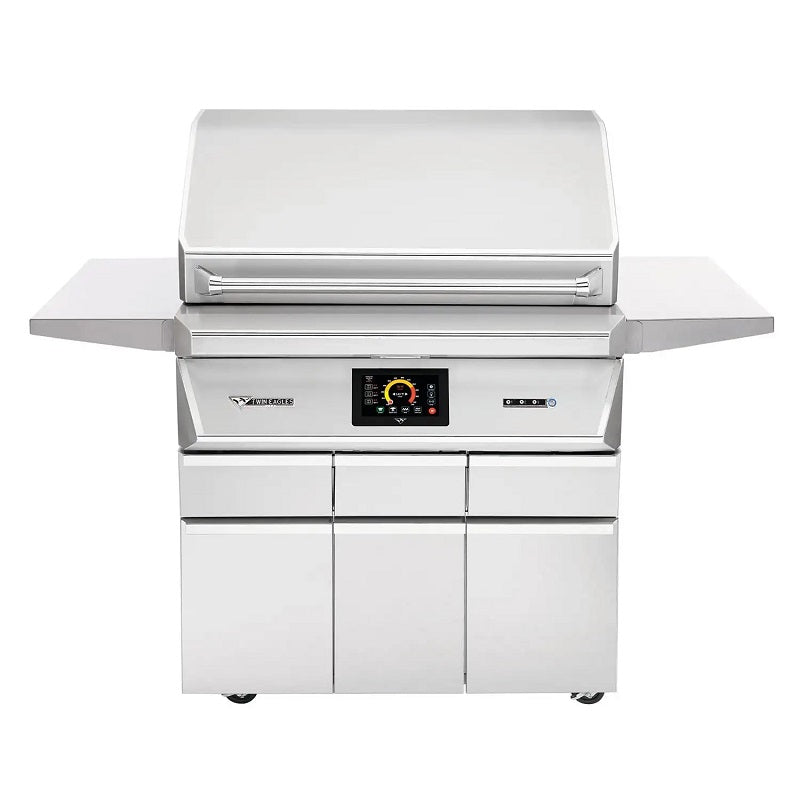 Freestanding pellet smoker-grill with lid, front control panel, and cabinet doors
