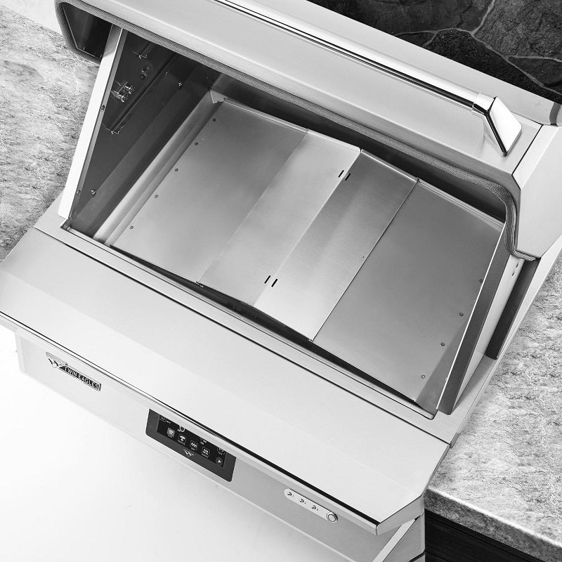 Open pellet smoker cooking chamber with removable drip tray and heat shield