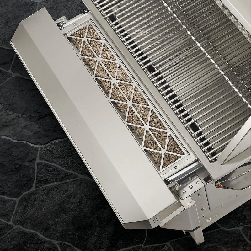 Pellet smoker grill open lid with patterned vent panel and grill grates