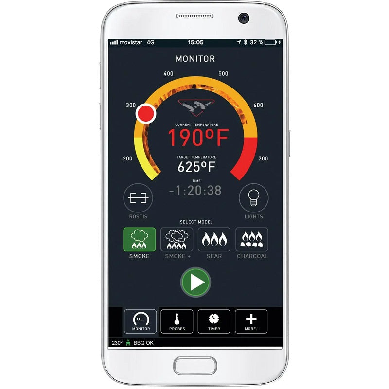 Smartphone monitor app screen showing pellet grill temperature and cooking modes