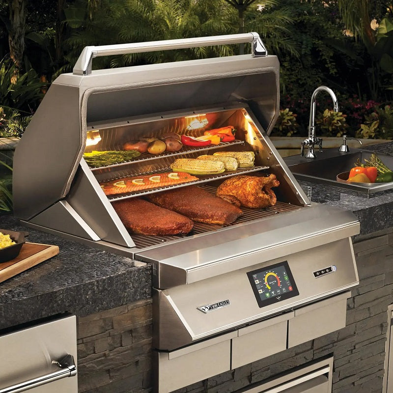 Stainless steel pellet smoker grill with open lid and smoked meats on grates