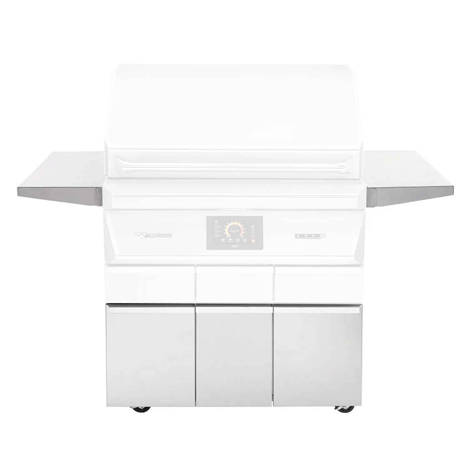 36-inch pellet smoker grill base with control panel, three cabinet doors, white finish