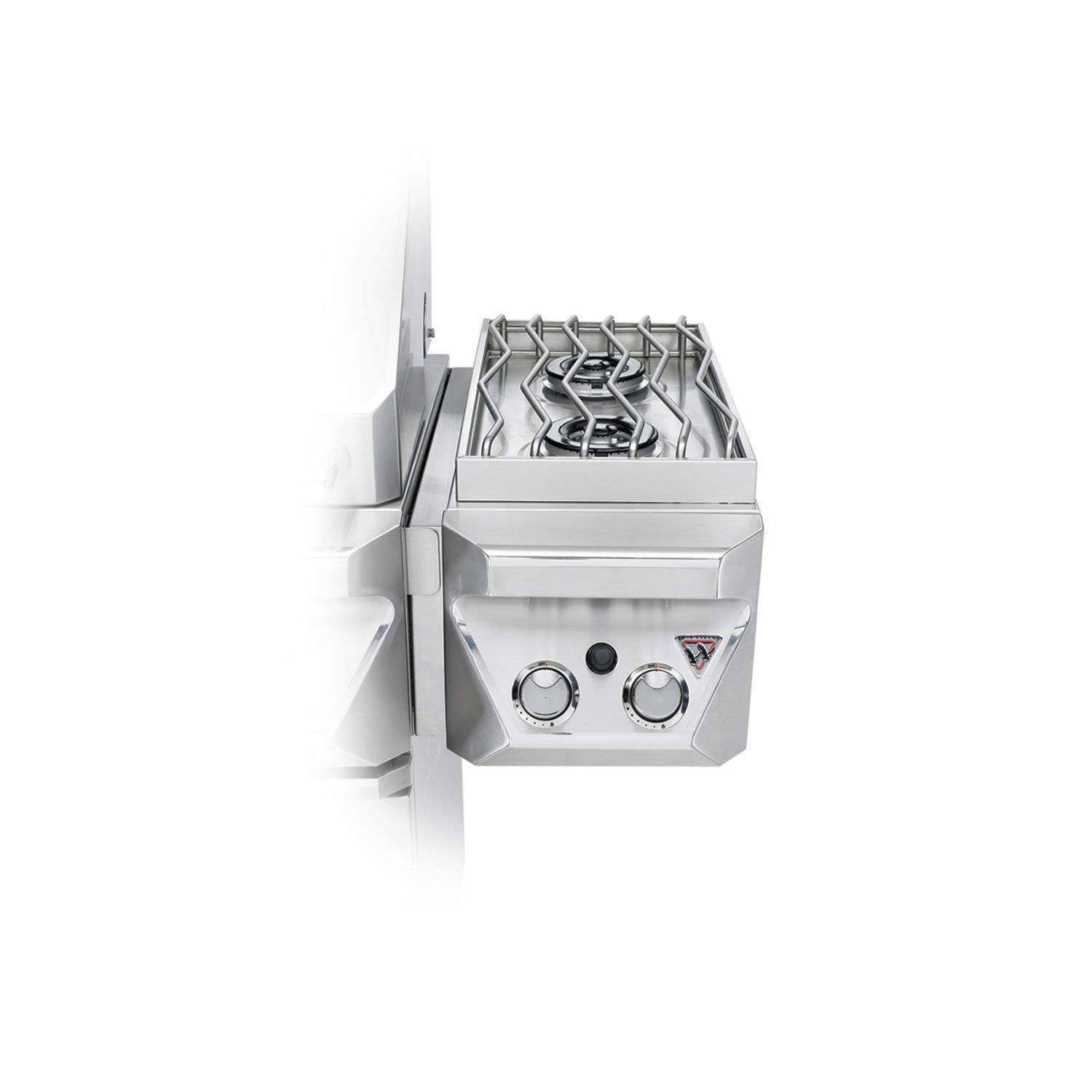 Stainless steel double side burner attachment with two control knobs and burner grates