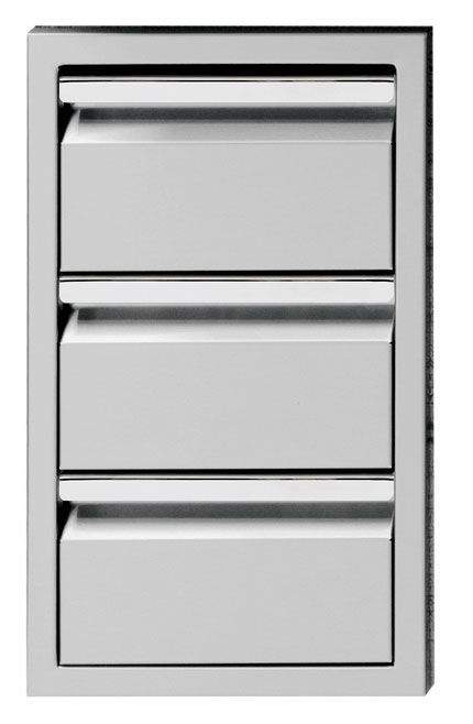 Triple storage drawer unit with three metal drawers and recessed handles, silver gray