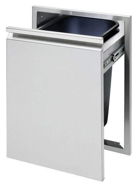 Tall trash drawer with open top, gray metal cabinet and black waste bin insert