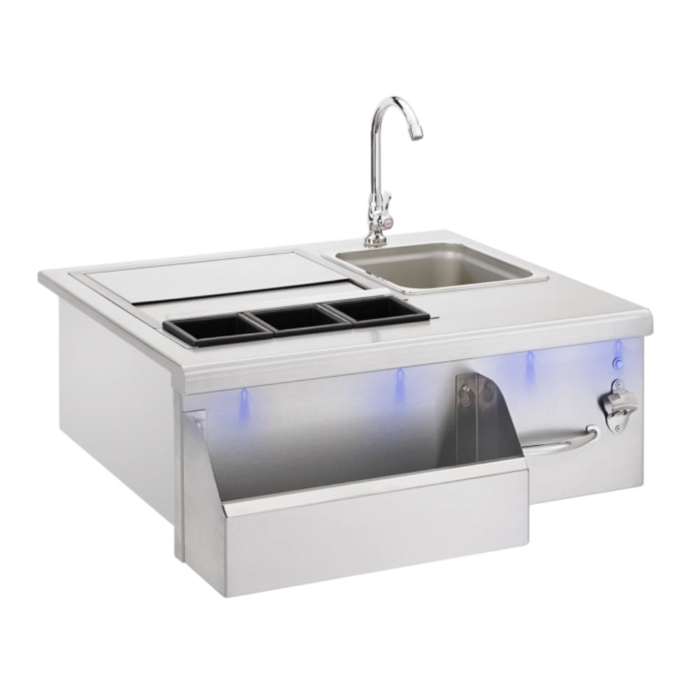 Stainless beverage and prep station with sink, faucet, and pull-out prep drawer