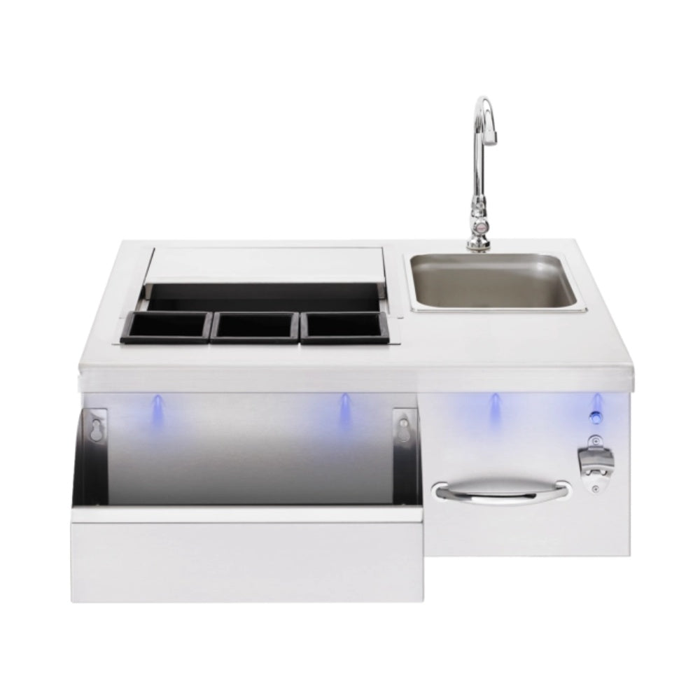 TrueFlame 30-inch beverage and prep station with sink, faucet, and lit burner tray