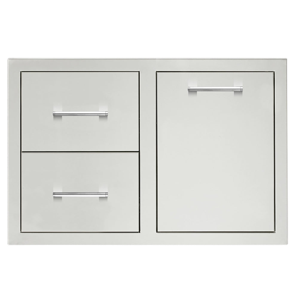 Cabinet door and drawers combo panel with two stacked drawers and one access door in light gray