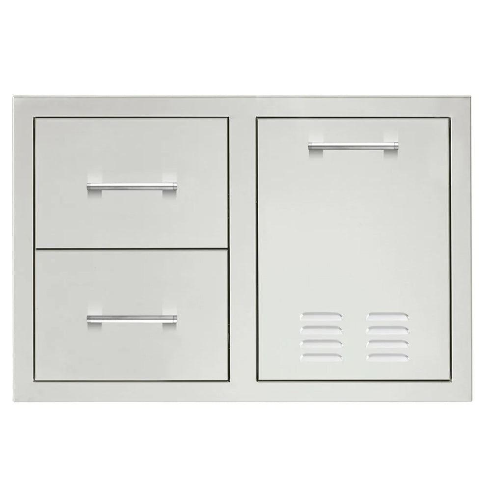 2-drawer pullout drawer combo with vented LP tank compartment, light gray cabinet with metal handles