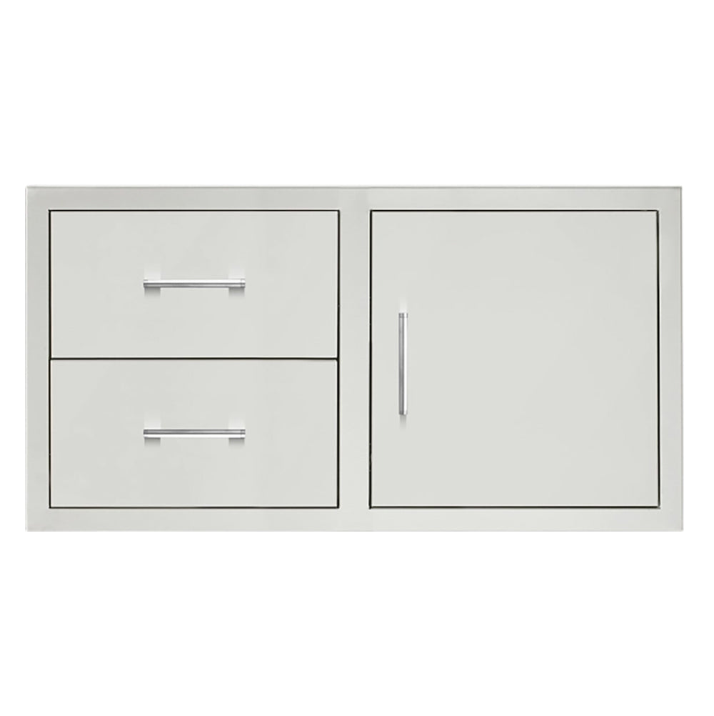 Two-drawer and access door cabinet front, light gray with black trim