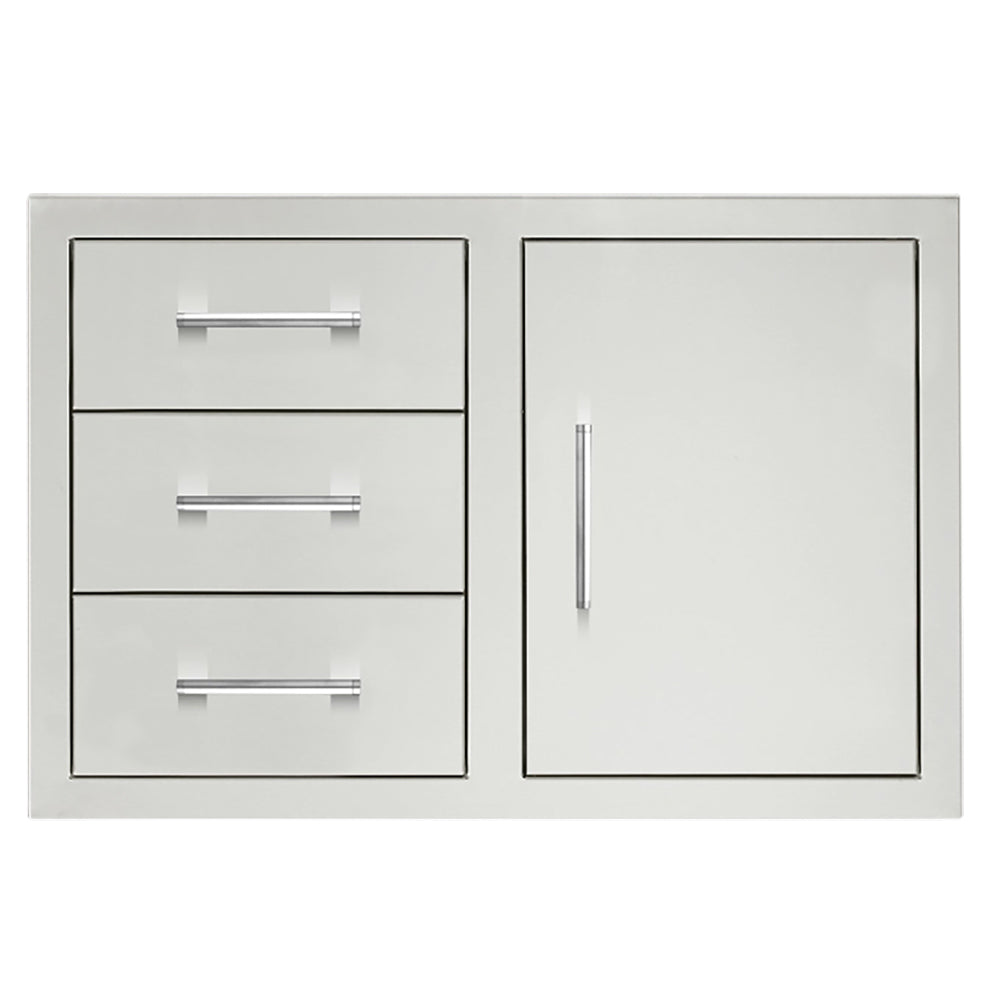 3-drawer and access door cabinet with light gray panels and silver bar handles