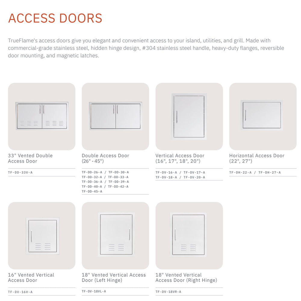Access door styles chart showing several white TrueFlame double and single access doors