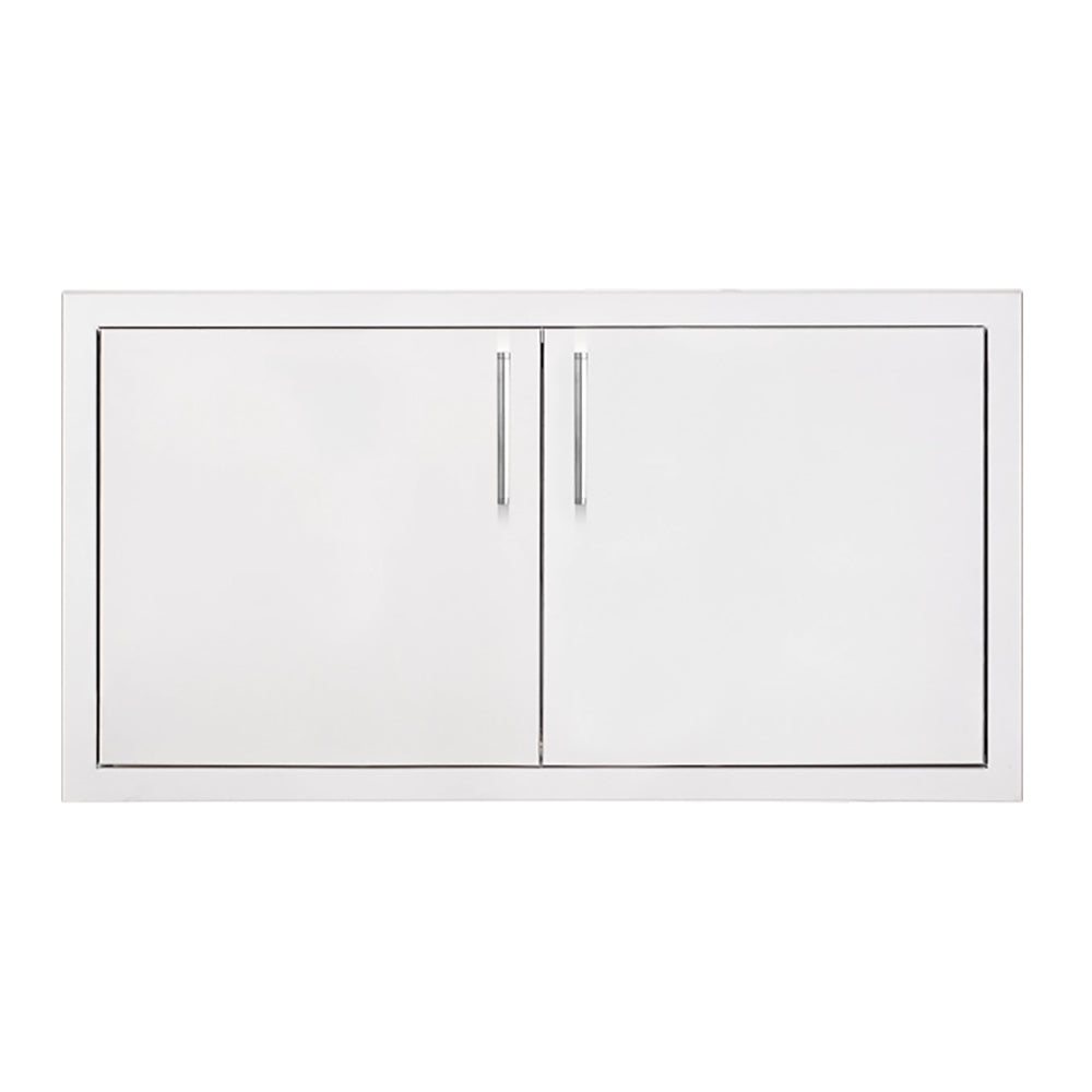 Double access door panel with two vertical handles on white rectangular frame