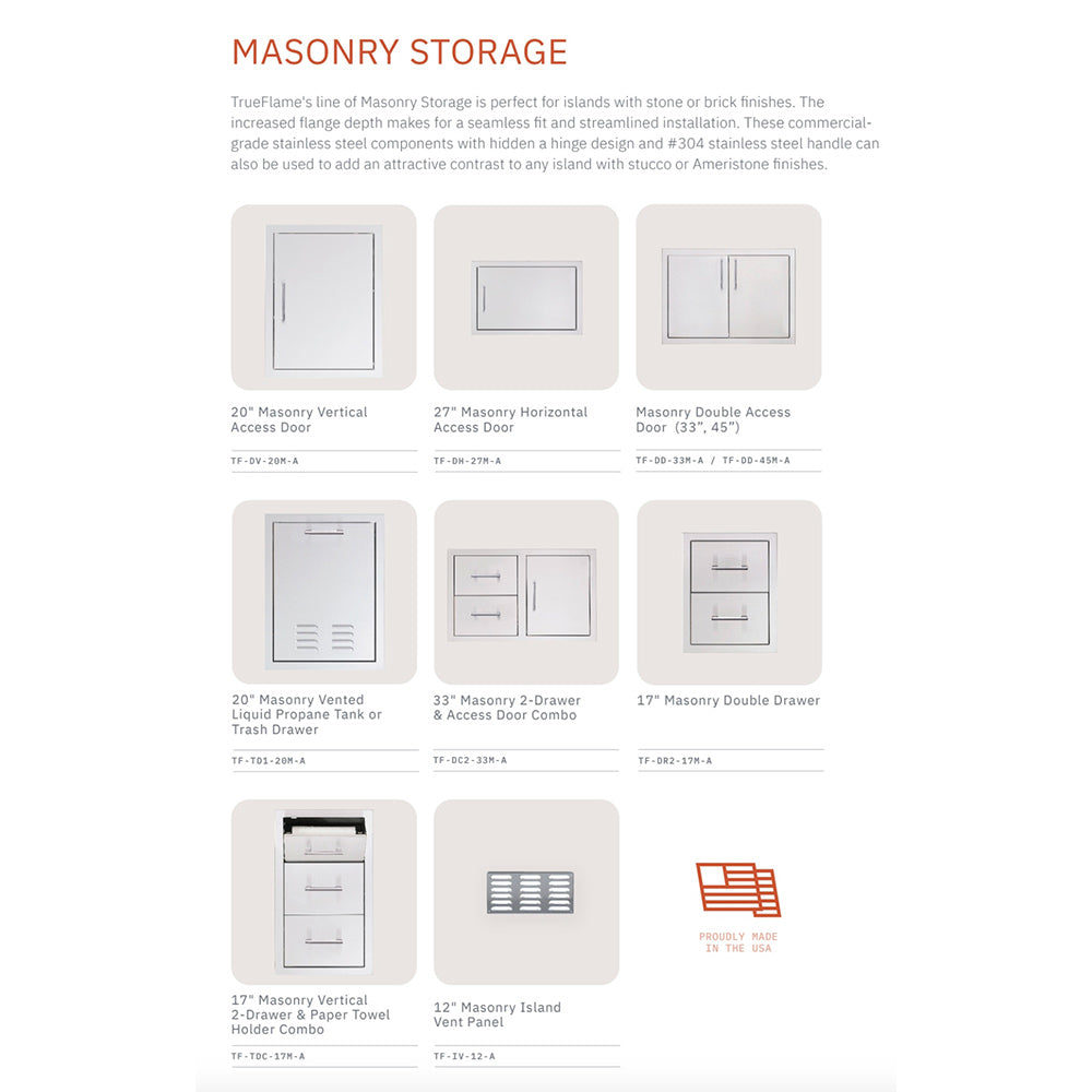 Masonry storage brochure page with diagrams of vertical and double-access doors
